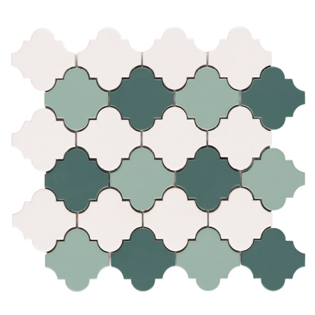 Mosaique arabesque décor provençal  trois couleurs blanc et vert mat sur trame 38.5x42cm, natucdecor provençal trois