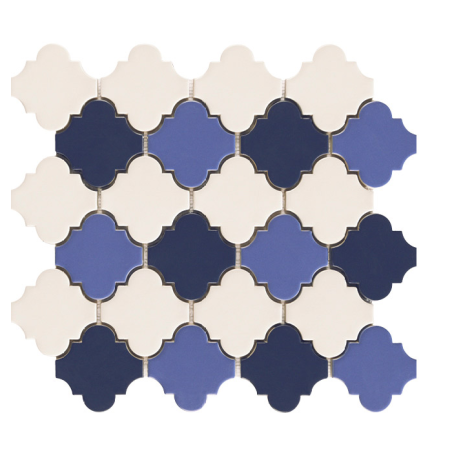 Mosaique arabesque décor provençal  trois couleurs blanc et bleu mat sur trame 38.5x42cm, natdecor provençal trois