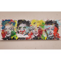 Peinture contemporaine, tableau moderne figuratif, pop art, acrylique et collage sur toile 50x150cm intitulée: Marylin2