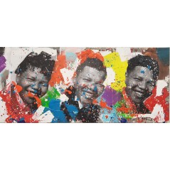 Peinture contemporaine, tableau moderne figuratif, pop art, acrylique et collage sur toile 50x150cm intitulée: Mandela3