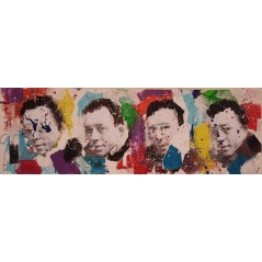 Peinture contemporaine, tableau moderne figuratif, pop art, acrylique et collage sur toile 50x150cm intitulée: Camus2