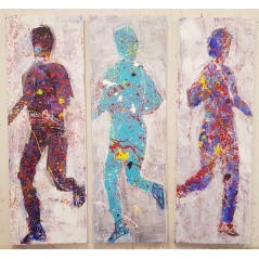 Peinture contemporaine, tableau moderne figuratif, acrylique sur toile, triptyque, intitulé: jogging en bleu 3 fois 40x120cm.
