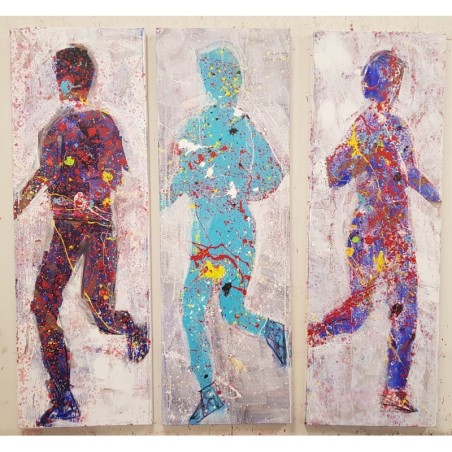 Peinture contemporaine, tableau moderne figuratif, acrylique sur toile, triptyque, intitulé: jogging en bleu 3 fois 40x120cm.