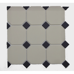 Mosaique de carrelage octogonal en grès cérame beige mat 10x10x0.8cm avec cabochon noir sur trame 30x30cm Dif
