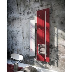 Sèche-serviette radiateur électrique design salle de bain Antxteso V rouge mat avec une barre en métal chromé
