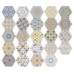Carrelage hexagonal décoré patchwork 25x22x0.9cm, Dif kasbah