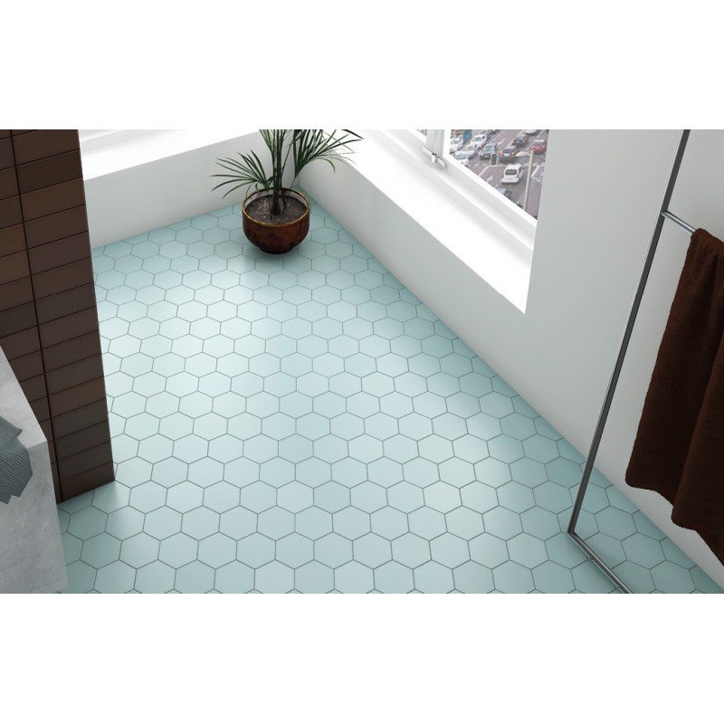 Carrelage hexagonal, petite tomette bleu clair mat , 11.6x10.1cm eqxmatika bleu clair sol et mur