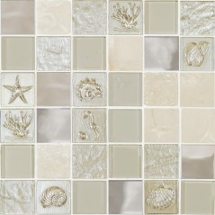 mosaique effet métallique decor mer 5x5cm beige sur trame 30x30x1cm momarina beige