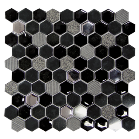 Mosaique salle de bain hexagone de verre et pierre noir 30,2x30,5 cm moxhexagono