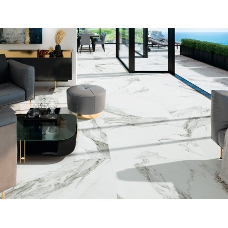 Carrelage imitation marbre blanc veiné de noir mat, salon, XXL 100x100cm rectifié,  Porce1808 Bruselas
