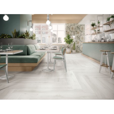 Carrelage imitation parquet blanc mat, restaurant, 21x147.5cm rectifié,  Porce6623 balmoral nordica