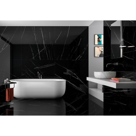Carrelage imitation marbre poli brillant noir rectifié, 60x120cm Géonit noir.