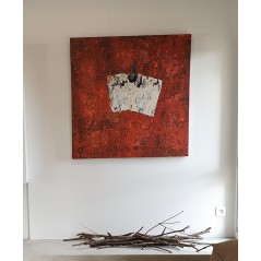 Peinture contemporaine, tableau moderne abstrait, acrylique sur toile 100x100cm, étude en rouge