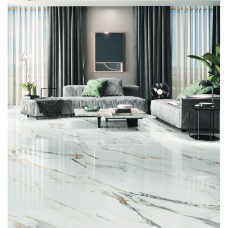 Carrelage imitation marbre blanc veiné de noir et d'or poli brillant, salon, XXL 98x98cm rectifié,  Porce1840 Firenze