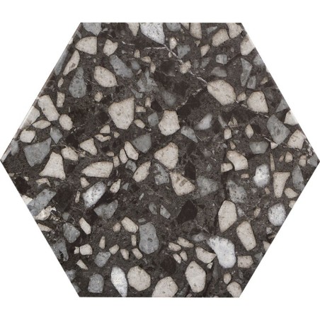 Carrelage hexagone tomette imitation granito noir mat 23x27cm,  duresix terrazzo noir antidérapant R10