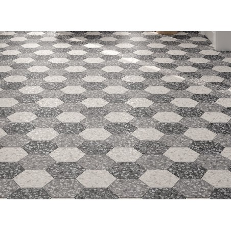 Carrelage hexagone imitation granito gris mat 23x27cm,  duresix terrazzo gris antiderapant R10