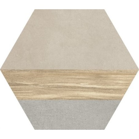 Carrelage effet bois et ciment décoré hexagonal, patchwork, apegwork mix sol et mur, 21x18,2cm