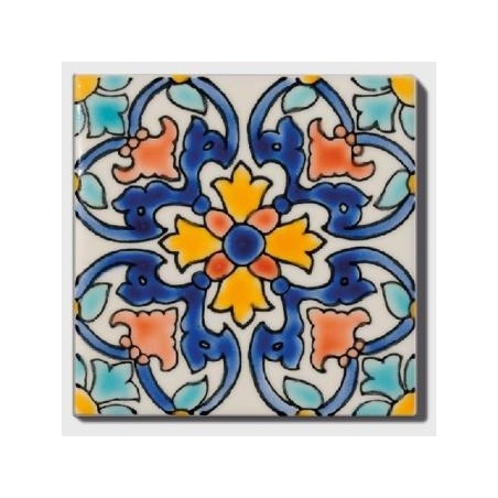 Carrelage peint à la main décor mexicain 10x10x0.8cm DIF anita sur fond ivoire 10x10x0.8cm