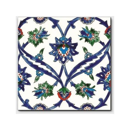 Carrelage peint à la main oriental décor DIF izmir bleu sur fond ivoire 20x20x0.8cm