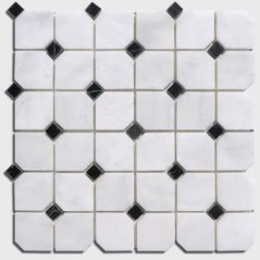 Mosaique salle de bain Dif octogone marbre blanc avec cabochon noir polis brillants sur trame 30.5x30.5x1cm