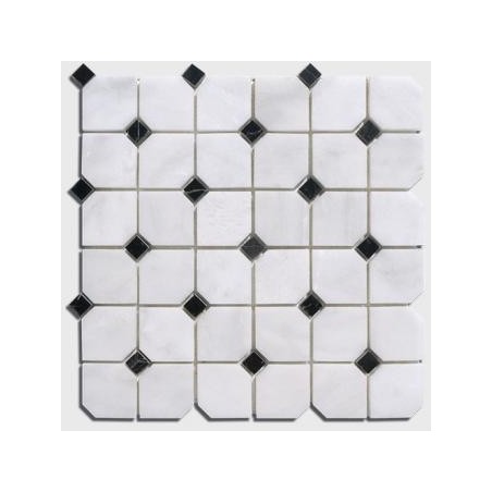 Mosaique salle de bain Dif octogone marbre blanc avec cabochon noir polis brillants sur trame 30.5x30.5x1cm