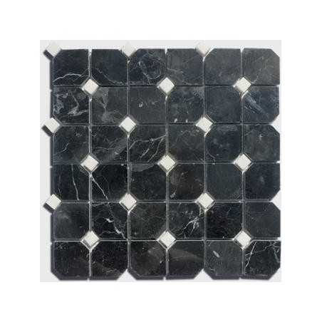 Mosaique salle de bain Dif octogone marbre noir avec cabochon blanc brillant sur trame 30.5x30.5x1cm