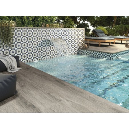 Carrelage piscine imitation carreau ciment bleu et blanc 15x15x0.9cm, R10 apelaure