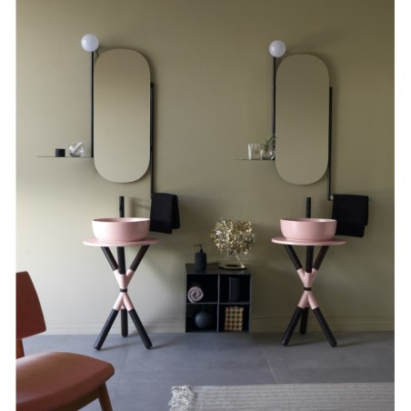 Meuble console de salle de bain bois foncé et céramique rose avec une vasque ronde à poser rose mat scaxcross 54