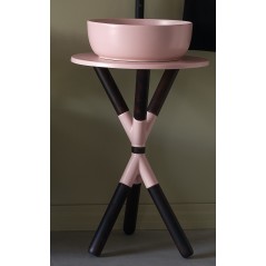 Meuble console de salle de bain bois foncé et céramique rose avec une vasque ronde à poser rose mat scarcross 54