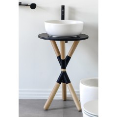 Meuble console de salle de bain bois clair et céramique noire  35 avec une vasque ronde à poser blanc mat scarcross 41