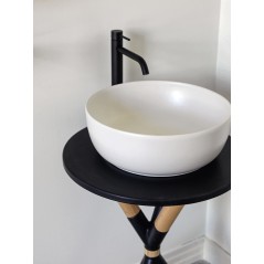 Meuble console de salle de bain bois clair et céramique noire  35 avec une vasque ronde à poser blanc mat scarcross 41