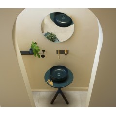 Meuble console de salle de bain bois fonçé et céramique avec une vasque ronde à poser vert scaxcross musk 55 mat