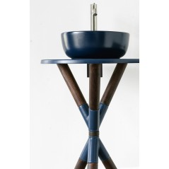 Meuble console de salle de bain bois fonçé et céramique bleu avec une vasque ronde à poser bleu mat scarcross 56