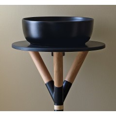 Meuble console de salle de bain bois clair et céramique noir avec une vasque ronde à poser noir mat scaxcross 3535