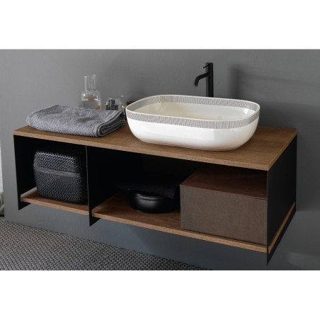 Meuble console de salle de bain métal noir NROP et bois 89 120x50cm avec une vasque scarglam blanc FSNR 56x39cm scarslide