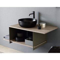 Meuble console de salle de bain métal noir NROP et bois 88 90x50cm avec une vasque scarglam noir 35 D:39cm scarslide