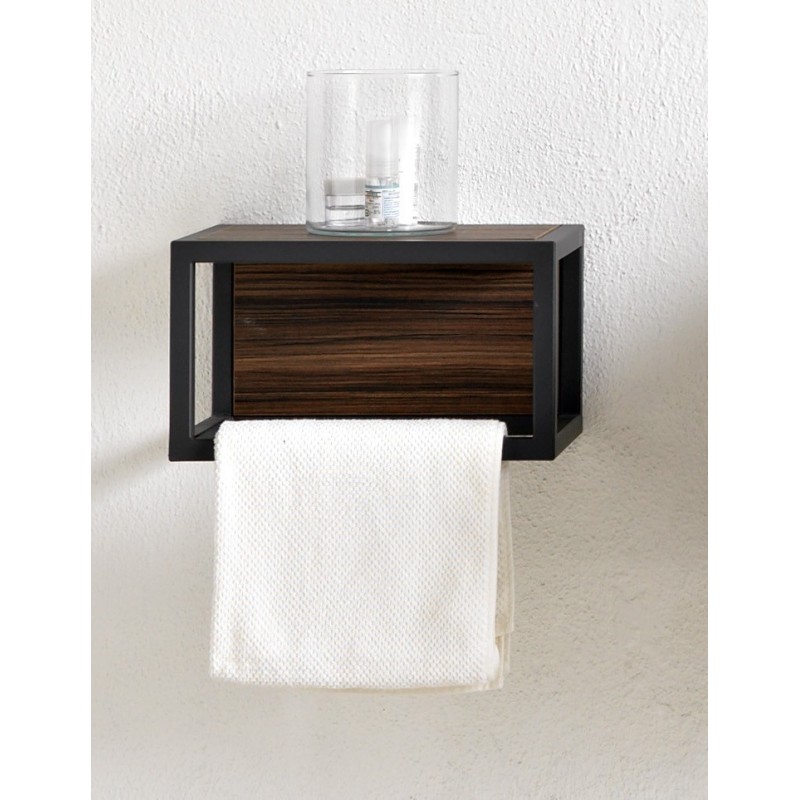 Etagère suspendue avec porte serviette 35x24cm profondeur 20cm parement bois cadre métal noir scarframe