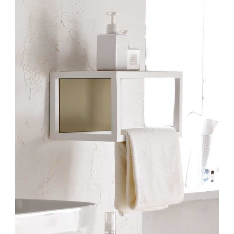 Etagère suspendue avec porte serviette 35x24cm profondeur 20cm parement bois cadre métal blanc scarframe