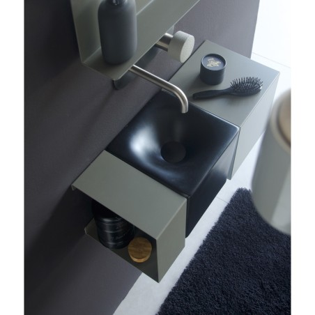 Meuble de salle de bain 59.5x24cm profondeur 24cm avec 2 éléments métalliques et une vasque noire mat scaxfold
