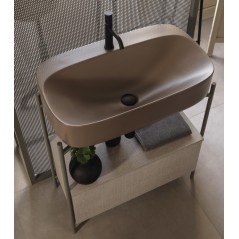 Meuble console de salle de bain structure métal L74.5cm H77.5cm P39cm avec tiroir en bois et vasque céramique scardiva