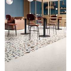 Carrelage effet terrazzo mat 90x90cm et 120x120cm rectifié sur fond blanc, santadeconcrete maxi deco white