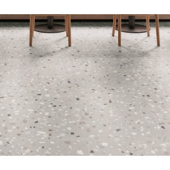 Carrelage effet terrazzo mat 60x60cm, 90x90cm et 120x120cm rectifié sur fond gris clair, santadeconcrete medium perle