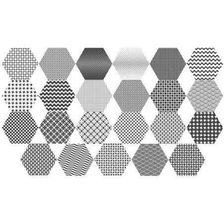Carrelage hexagonal décoré patchwork noir et blanc 25x22x0.9cm, Dif moma