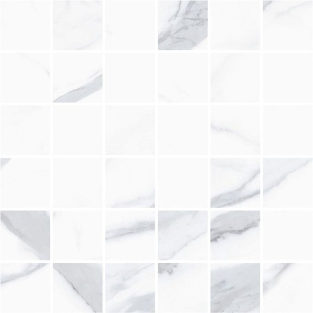 Mosaique imitation marbre blanc et gris mat, douche, carré, santathemar statuario venato 5x5cm sur trame 30x30cm