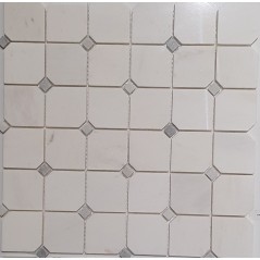 Mosaique salle de bain décor marbre blanc et cabochon gris poli brillant sur trame 30x30cm mox victoria blanc