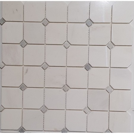 Mosaique salle de bain décor marbre blanc et cabochon gris poli brillant sur trame 30x30cm mox victoria blanc