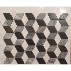 Mosaique salle de bain losange marbre blanc, gris et noir poli brillant sur trame 28.5x22.5cm mocubogris