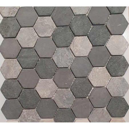 Mini tomette hexagonale marbre gris nuancé mat sur trame salle de bain cuisine 28.5x31.5cm mos kubu