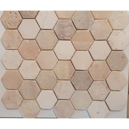 Mini tomette hexagonale marbre beige sur trame salle de bain cuisine 28.5x31.5cm mox sunset