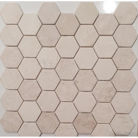 Mini tomette hexagonale marbre ivoire sur trame salle de bain cuisine 28.5x31.5cm mos ivory